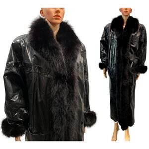 Vintage 80s Leather & Real Fox Fur Full Length Coat with Genuine Snakeskin Trim